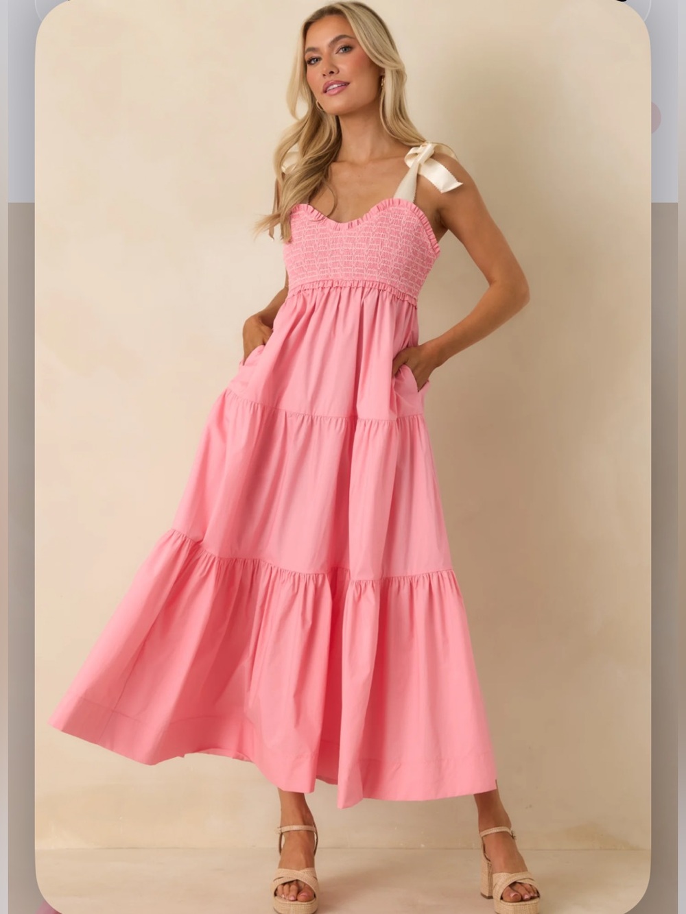 Lovelo Felicity Pink Coral Smocked Tiered Midi Dress